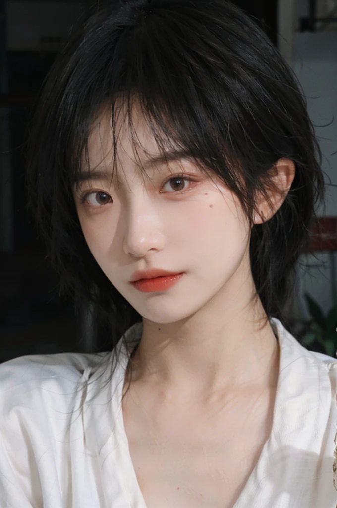 (Skin details:1.4), (smooth skin textures:1.3), Lipstick, background, earrings, serene, calm, （Dress conservatively：1.8），(Realistic and detailed eyes：1.2）, Natural skin texture, Realistic facial details, Soft dramatic lighting, Vivid details, 35 mm film, outdoor, (Photo Practical:1.4), (hyper Practical:1.4), (Practical:1.3), (Smoother lighting:1.05), (Improve lighting quality:0.9), (Highest quality real skin textures:1.4), Exquisite eyes, Delicate face, Close-up of face, (Enhance the beauty of skin texture:1.1), Hair details,  model，normal body ratio, short hair, Moles under the eyes, Medium shot，Portrait Photography, Depth of Field, Bokeh, Surrealism, Ray Tracing, (Portrait Photography:1.1), Surrealism, High Detail, Chiaroscuro, Ray Tracing, reflected light, Ultra HD, Ultra HD, masterpiece, Textured Skin, Super Detail, High Detail, high quality, best quality