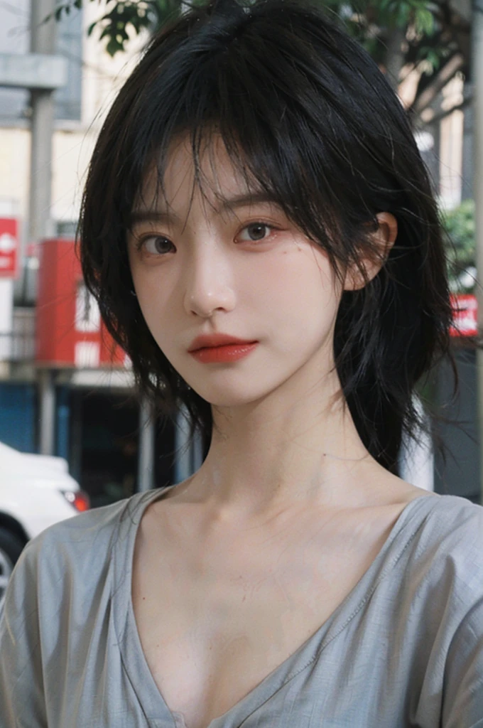 (Skin details:1.4), (smooth skin textures:1.3), Lipstick, background, earrings, serene, calm, (Dress conservatively:1.8),(Realistic and detailed eyes:1.2), Natural skin texture, Realistic facial details, Soft dramatic lighting, Vivid details, 35 mm film, outdoor, (Photo Practical:1.4), (hyper Practical:1.4), (Practical:1.3), (Smoother lighting:1.05), (Improve lighting quality:0.9), (Highest quality real skin textures:1.4), Exquisite eyes, Delicate face, Close-up of face, (Enhance the beauty of skin texture:1.1), Hair details, model,normal body ratio, short hair, Moles under the eyes, Medium shot,Portrait Photography, Depth of Field, Bokeh, Surrealism, Ray Tracing, (Portrait Photography:1.1), Surrealism, High Detail, Chiaroscuro, Ray Tracing, reflected light, Ultra HD, Ultra HD, masterpiece, Textured Skin, Super Detail, High Detail, high quality, best quality