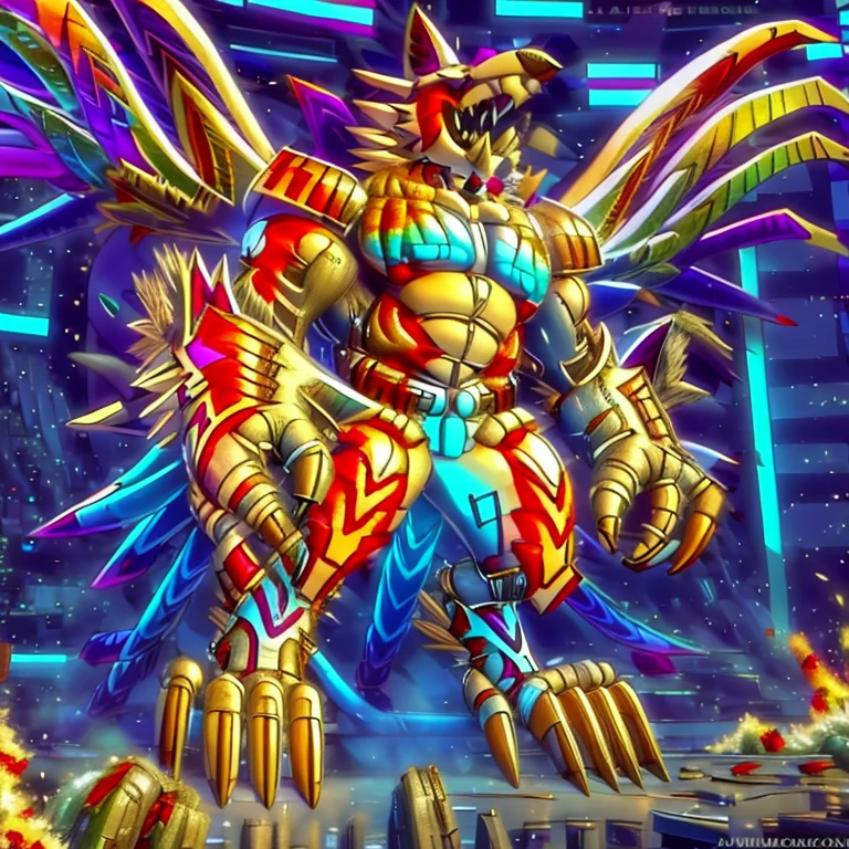 (masterpiece. official art. 8k. best quality. detailed full body. full body.)
(situation 1 : dominating The Phoenix Wolf. The Phoenix Wolf is over 1000 meters long. focus GIANT mechanical Muscular The Phoenix Wolf is trampling the car. Looking down.)
(situation 2 :smoke and flames rising from the destruction in the city)
(Additional details 1: Wearing GOLDEN Armor. Cape. Helmet. real texture material. whole body shines like metal. emphasizes the muscles. suit fully made of metal.Robotic suit).
(Additional details 1.5: The arms are golden. The lower half of the body is golden. The wolf-shaped helmet has sharp fangs. The whole body is golden.).
(Additional details 2: Detailed head. Detailed Body. Detailed abs. gigantic muscles. HYPER MUSCLES. Gigachad Muscular. big muscle. pecs. triceps. traps. unusually developed muscular body. body full of huge muscles. showing off muscles. pectorales enormes. Exaggeratedly huge muscles. huge muscles. long legs.).
(Additional details 3: nj5furry, Spread wings. It has wings. The claws are sharp. Sharp teeth.). He is laughing defiantly. The claws are sharp. Sharp teeth.). He is laughing defiantly.