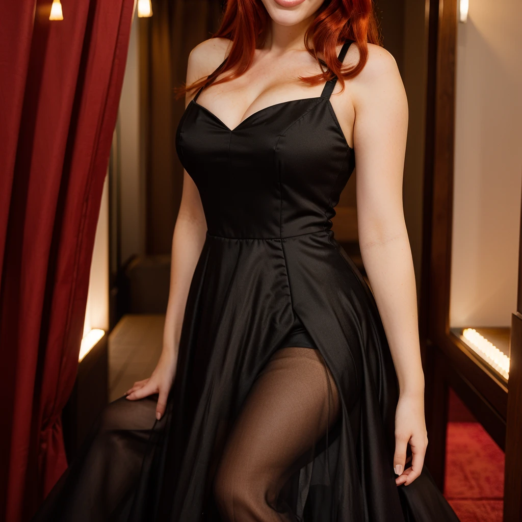 beautiful girl, cherry red hair, fair skin, big , smiling, black dress