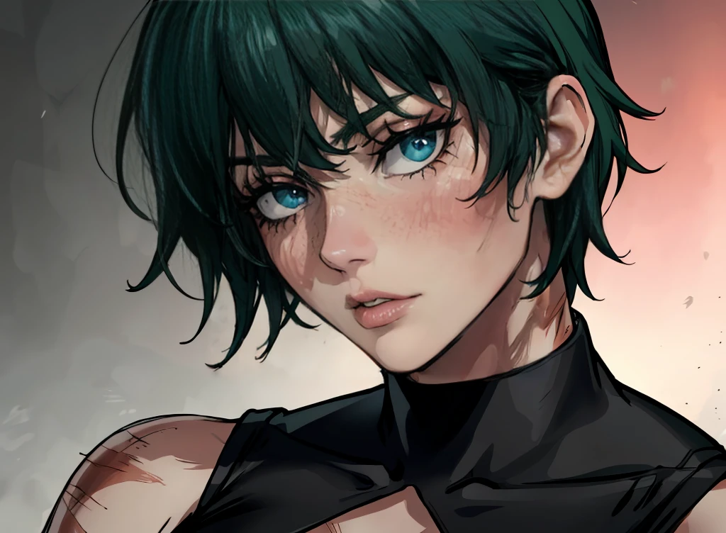 (masterpiece:1.2, best quality:1.2, beautiful, high quality, highres:1.1), detailed, short hair, short fluffy hair, short green hair, extremely detailed 4K, perfect eyes, perfect face, bangs, really short hair, scars on body, Maki Zenin eyes, perfect eyes, scars on face, dangerous, exotica, scar on face, scar on cheeks, visible scars on cheeks, bandage on eye, scar on eye, Maki Zenin, scar on body, very short hair, circle glasses, dark scars on face, Maki Zenin LoRA, black shirt, scar on eye, scars, sleeveless, crop top, beautiful face, perfect lighting, (1girl, solo, adult female, mature female), thin, lithe body, Maki Zenin, green hair, glasses, (big breasts), ((sensual seductive))