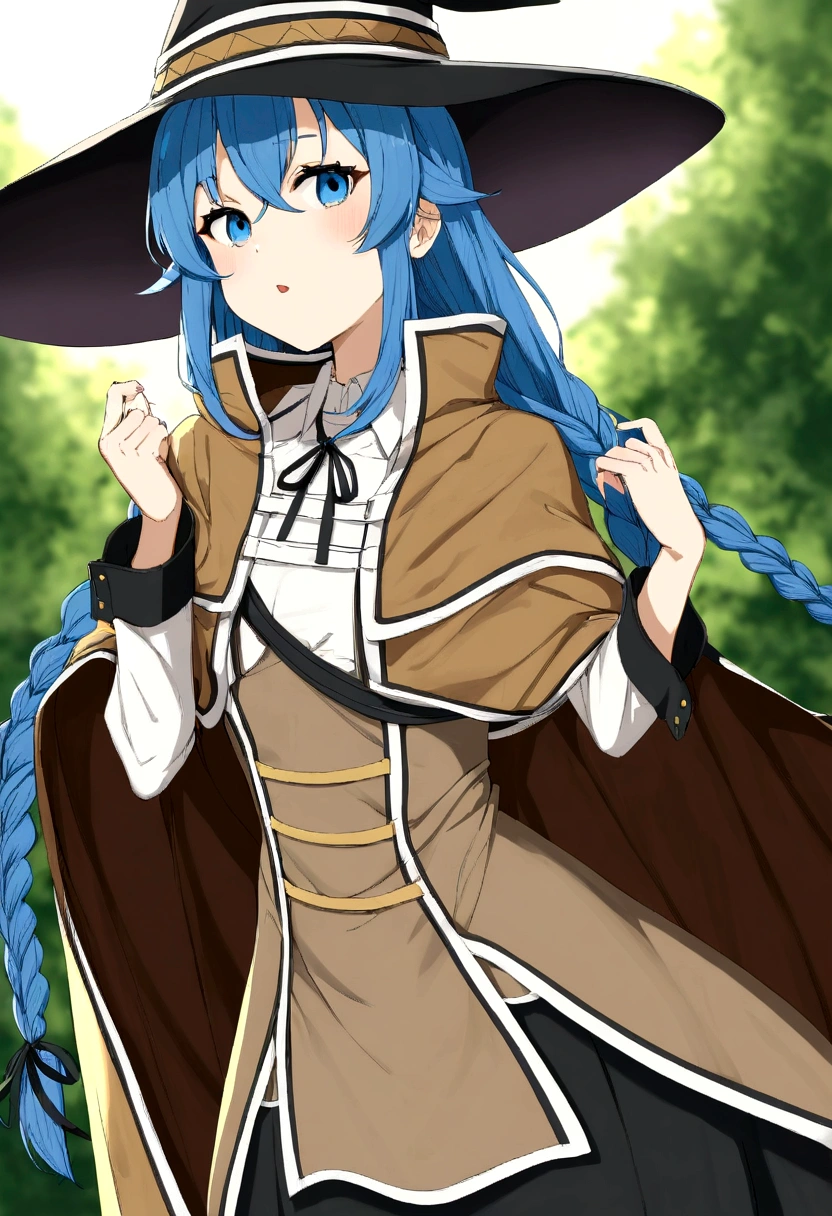 twin braids, long hair, blue hair, blue eyes
white dress, neck ribbon, black ribbon, black skirt, witch hat, black hat
white dress, neck ribbon, black ribbon, black skirt, brown cape
brown dress, neck ribbon, black ribbon, witch hat, black hat
white shirt, collared shirt