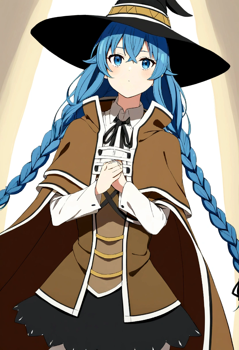 twin braids, long hair, blue hair, blue eyes
white dress, neck ribbon, black ribbon, black skirt, witch hat, black hat
white dress, neck ribbon, black ribbon, black skirt, brown cape
brown dress, neck ribbon, black ribbon, witch hat, black hat
white shirt, collared shirt