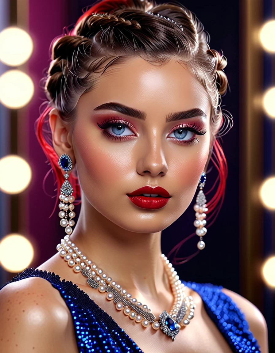 20 year old albinna woman,(best quality, 4k, 8k, high resolution, masterpiece: 1.2), ultra detailed, (realistic, photorealistic, photorealistic: 1.37), portraits, big violet blue eyes, beautiful and detailed, with crimson red makeup with glitter, beautiful and detailed lips, extremely detailed eyes and face, long eyelashes, (hair with mini braids and bun), shiny, shiny skin, elegant haircut and makeup, vibrant colors, pearl and diamond necklaces, earrings, fashion indu, studio lighting, impeccable fashion, trendy vintage attire, fashion accessories, stylish and confident pose, sophisticated and glamorous background, lens flares and bokeh effects.