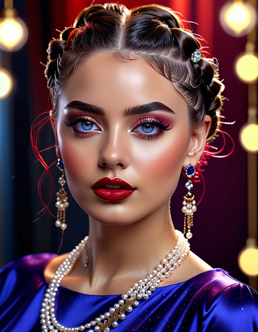 20 year old albinna woman,(best quality, 4k, 8k, high resolution, masterpiece: 1.2), ultra detailed, (realistic, photorealistic, photorealistic: 1.37), portraits, big violet blue eyes, beautiful and detailed, with crimson red makeup with glitter, beautiful and detailed lips, extremely detailed eyes and face, long eyelashes, (hair with mini braids and bun), shiny, shiny skin, elegant haircut and makeup, vibrant colors, pearl and diamond necklaces, earrings, fashion indu, studio lighting, impeccable fashion, trendy vintage attire, fashion accessories, stylish and confident pose, sophisticated and glamorous background, lens flares and bokeh effects.