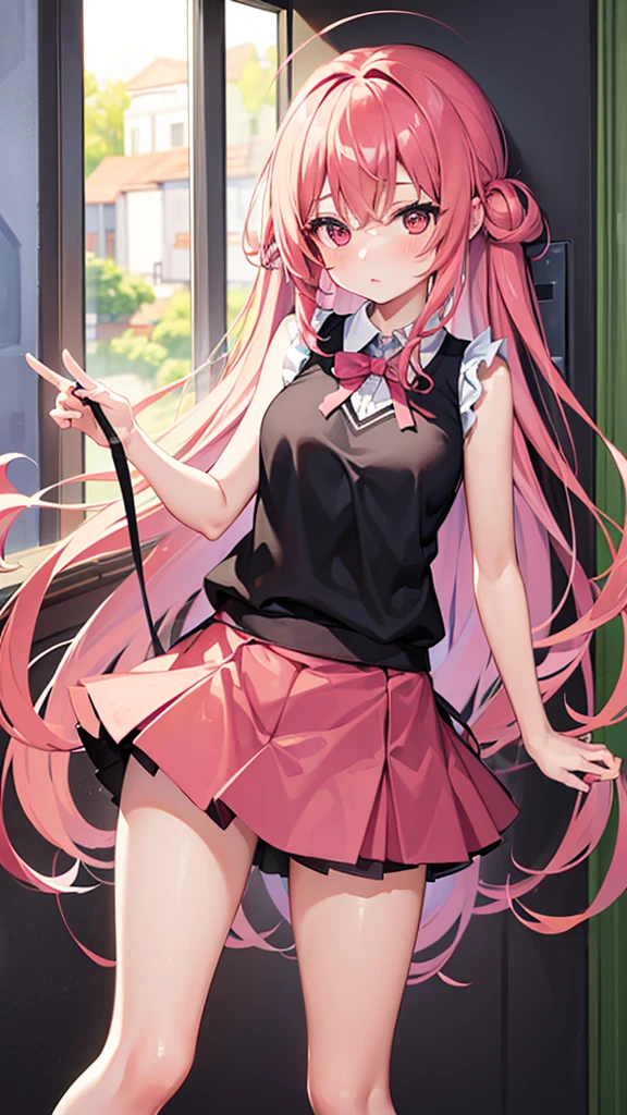 (masterpiece, best quality:1.2), 1girl, 独奏,standing_split,
yuuki mikan, long hair,black sleeveless short vest,pink skirt,black