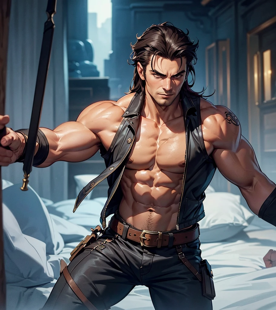 (((Solo character image.))) (((Generate a single character image.))) Amazingly handsome, sexy and sexually appealing male character. (((Shoulder length sexy hair.))) (((Wearing a fantasy style vest.))) Generate a stunning and seductive image of a male fantasy character for a setting such as Dungeons & Dragons. This is to be the perfect picture of a male adventurer in a high fantasy setting. In this image the heartthrob stud stands tall with broad shoulders and a chiseled chest that leaves women weak at the knees. He has an air of unbridled sensuality. He wears rugged yet stylish clothing that accentuates every curve of his muscular physique - emphasizing his dangerous edge without revealing it outright. This male fantasy character is the kind of man women dream about - sexy, charming, and just a little bit dangerous. The artwork captures both his physical perfection and irresistible allure in equal measure, making it impossible for any woman to resist him. His abs, chest and crotch area are perfect tools in his seductive arsenal. As this heartthrob stud walks through the dimly lit streets, he leaves a trail of infatuated women and jealous admirers behind him. His confidence and charm are palpable, as though he knows exactly how much power he wields over those around him. And indeed, it's not just his good looks that make him so captivating - it's the sense of danger that seems to radiate from his very being. Women can feel it in their bones - this is a man who thrives on taking risks, pushing boundaries, and exploring their deepest desires. Whether it's in bed or in life, this heartthrob stud is always up for a thrill…and he'll take anyone willing to join him along for the ride!Tattoos.,Handsome male