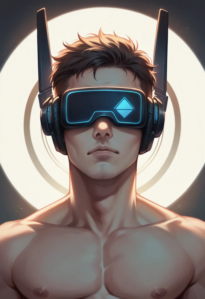 A young man wearing virtual reality headset, highly detailed, erect penis, photorealistic, 8k, vivid colors, cinematic lighting, dramatic pose, intricate background, masterpiece