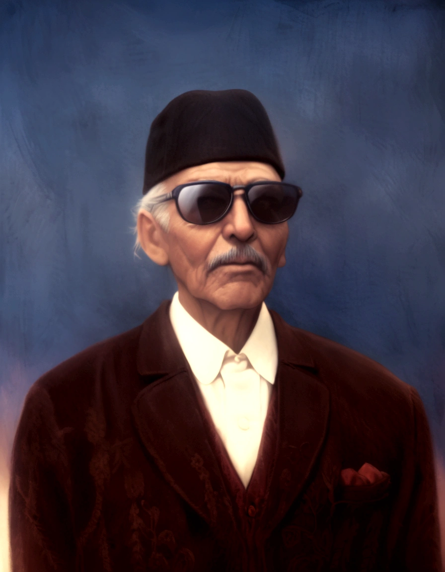 A man old suit dark red hat black, high detailed, very detail, photography
