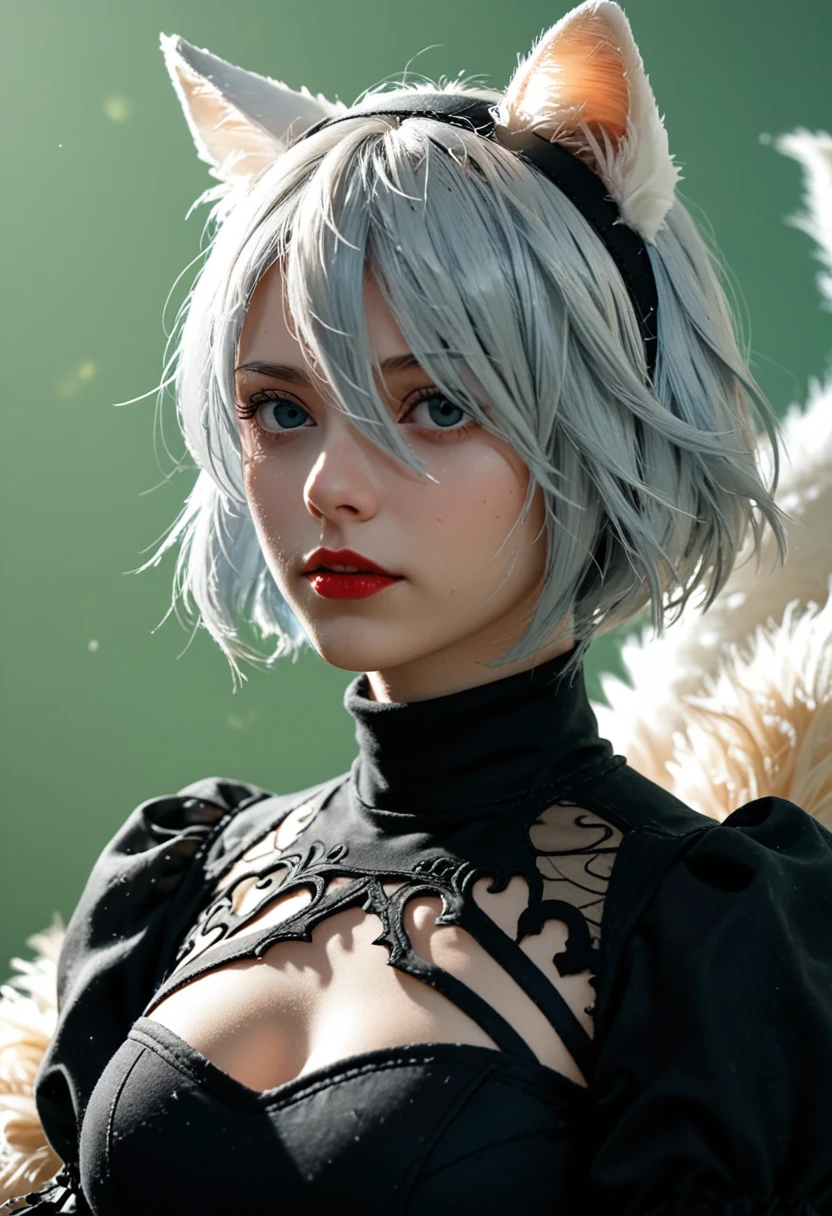 1 girl, Oh!, (sale), old, neckline, neckline cutout, dress cutout, green background, hair between the eyes, sale, high resolution, juliet sleeves, long sleeves, nier (series), nier automata, fluffy sleeves, Red lips, shadow face, short hair, Alone, coat turtleneck, Upper part of the body, me blue hair, sky, white fox ears, white fox tail, Nine tails fox,