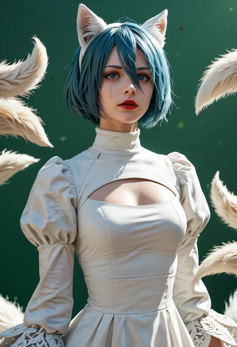 1 girl, Oh!, (sale), old, neckline, neckline cutout, dress cutout, green background, hair between the eyes, sale, high resolution, juliet sleeves, long sleeves, nier (series), nier automata, fluffy sleeves, Red lips, shadow face, short hair, Alone, coat turtleneck, Upper part of the body, me blue hair, sky, white fox ears, white fox tail, Nine tails fox,