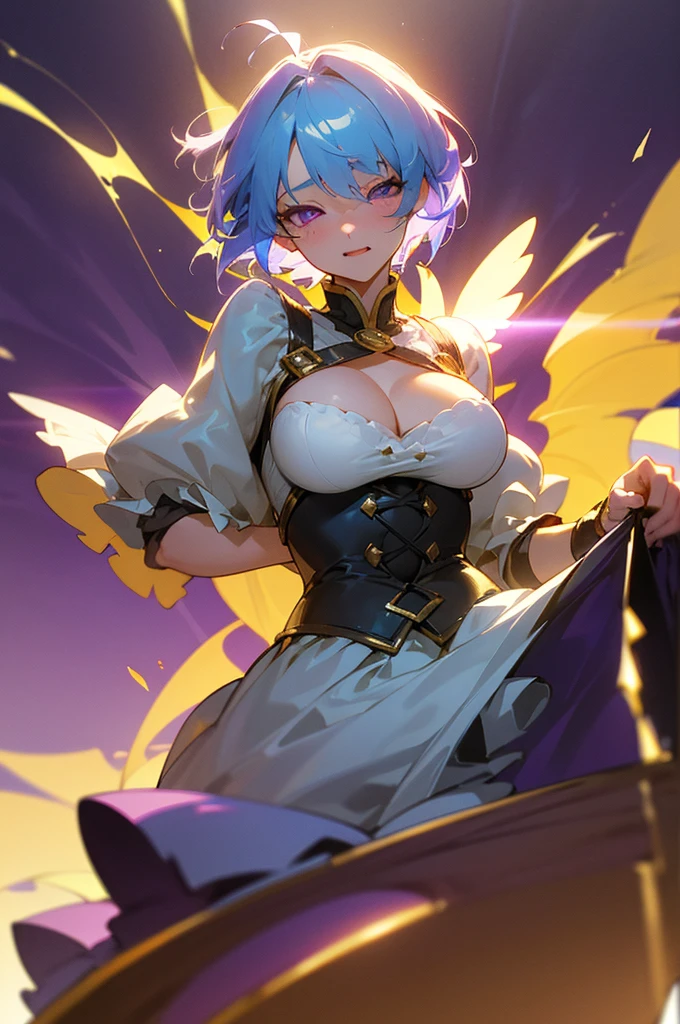 High quality,beautyな背景,detailed,masterpiece,beauty,1 person,Late teens,Up to the waist,Cute Woman,Fluttering,
Lots of frills,Big Breasts,Cleavage Emphasis,笑face, ((((perfection_face))),(Beautiful lighting:1.3),Dynamic Lighting,Dynamic Pose,
Light blue hair,Standing pose,Golden Ratio,Purple Eyes,Close one eye,short hair,Magical girl,Underexposed eyes