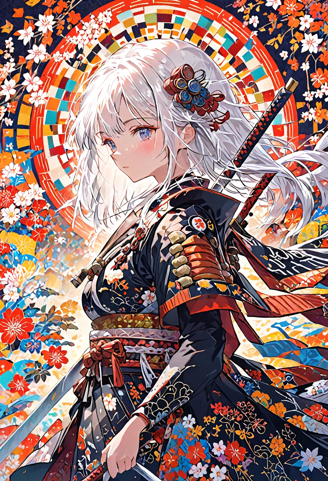 A vibrant and colorful illustration of an anime-style female samurai character with white hair, holding her sword in front of her face. She is wearing traditional Japanese adorned with floral patterns, a backdrop filled with colorful patterns representing ancient symbols and floral motifs. The background is richly detailed with geometric shapes that add depth to their figure's presence., creating a whimsical atmosphere. The background features bold colors and intricate designs that add to the overall visual appeal. This artwork showcases vivid hues, intricate details on both attire and armor, capturing movement as she walks forward in the style of intricate details on both attire and armor, capturing movement as she walks forward.