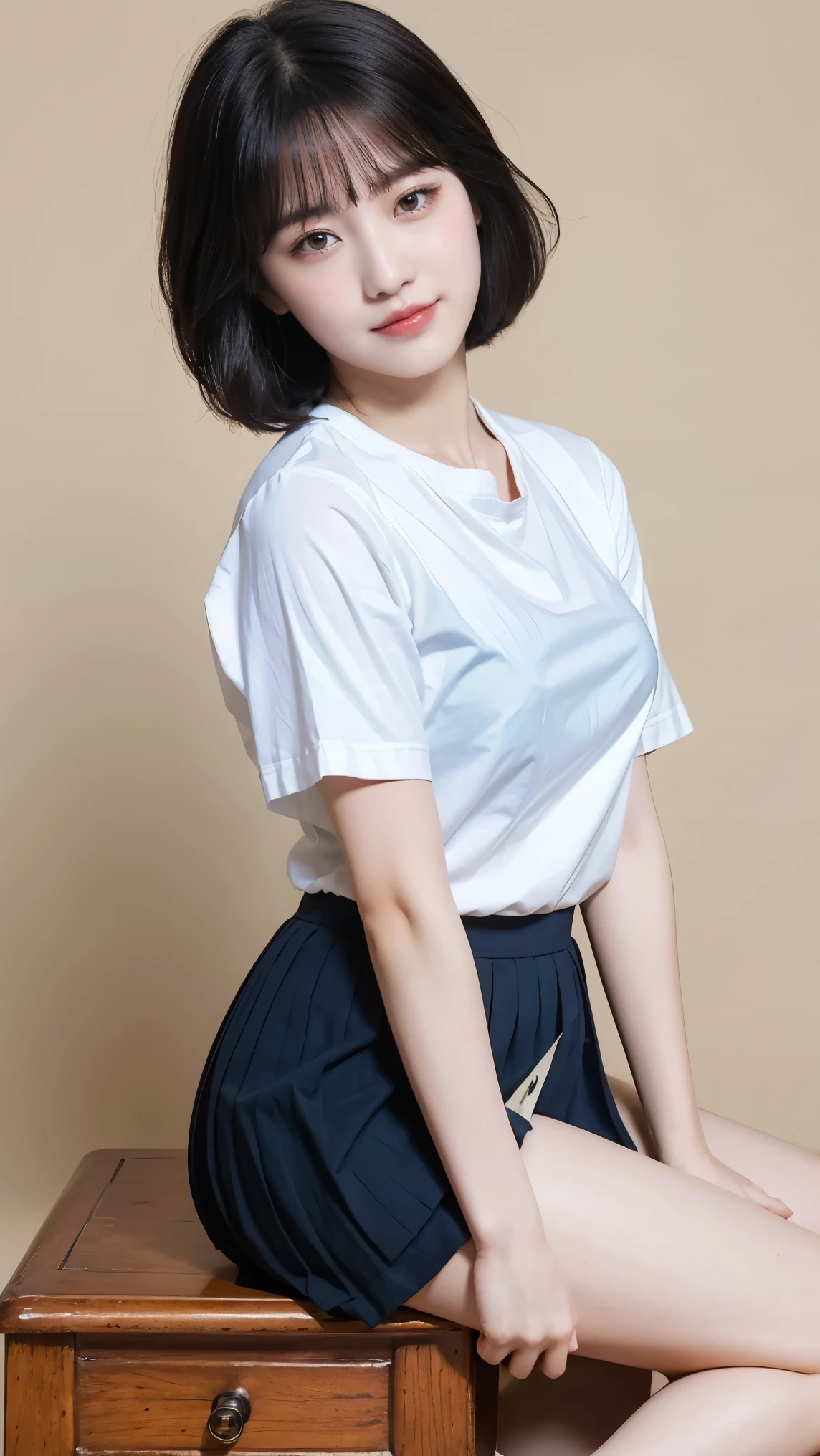 (8k), (highest quality: 1.2), (Realistic), (Realistic: 1.37), Ultra-high resolution, (1 girl), cute, A shy smile, Mouth closed,(Red cheeks with embarrassment:1.3), Beautiful details, Beautiful Nose, Black short bob hair, bangs,Giant Dulcefo,University Uniforms,(Simple white Y-shirt:1.5),(Pleated dark blue skirt:1.3),(Sitting:1),(closed up shiny legs:1.2),(From the side),Bring your face closer