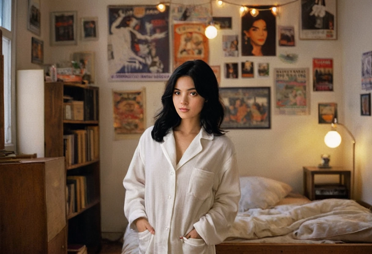A nostalgic 1990s-style photo of a young woman with black hair, wearing a cozy white pajama set. She stands confidently in her warmly-lit bedroom adorned with vintage posters and decor. The room exudes a cozy ambiance, with soft lighting casting a warm glow on the wooden floor and plush rug. The overall atmosphere is comforting, evoking a sense of nostalgic nostalgia and timeless charm., photo