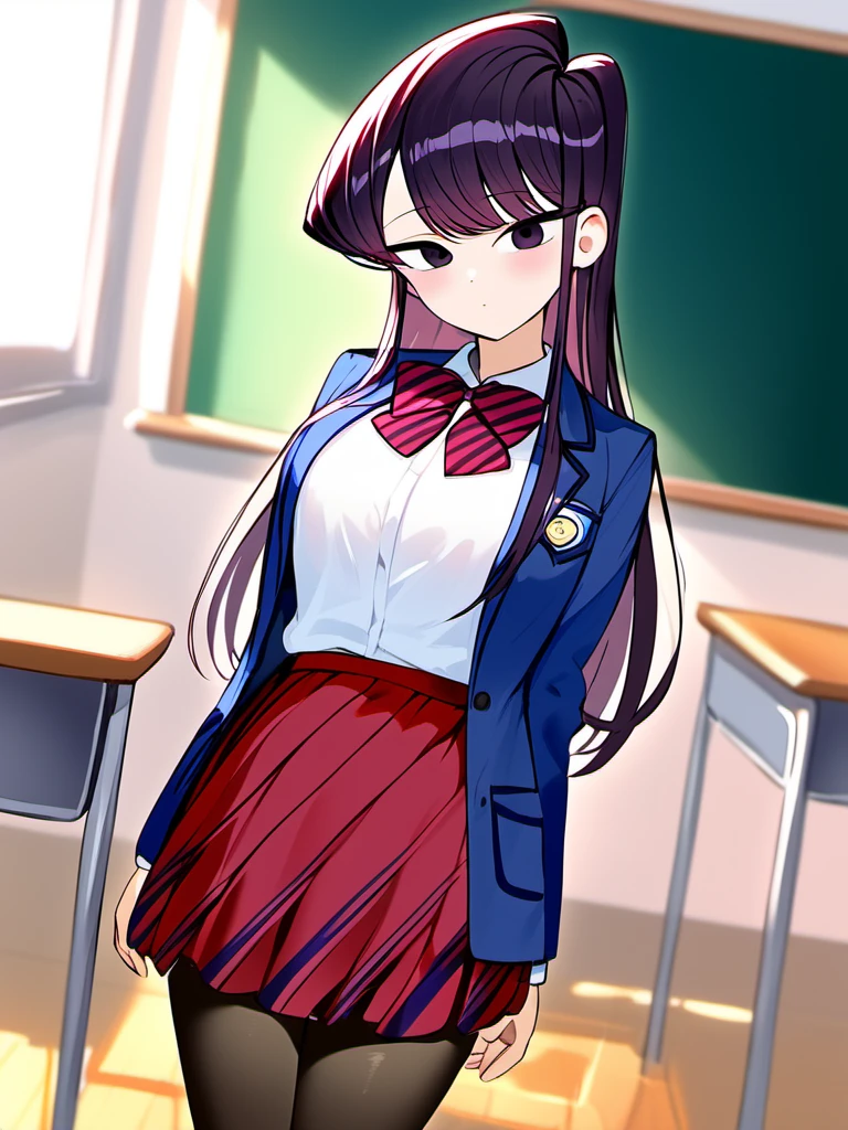 masterpiece, best quality, 1girl, solo, komi-san wa komyushou desu, ks , blue jacket, white shirt, striped bowtie, red skirt, black pantyhose, looking at viewer, (classroom), cowboy shot 