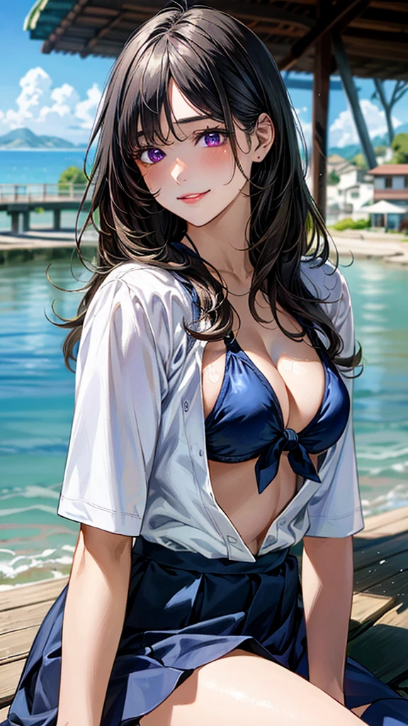 (((masterpiece))), NicoRobin, 1girl, solo, full body, long hair, looking at viewer, smile, blue eyes, large breasts, black hair, navel, holding, cleavage, closed mouth, standing, collarbone, jacket, short sleeves, cowboy shot, outdoors, sky, day, midriff, cloud, water, stomach, blue sky, crop top, groin, hand on hip, ocean, sunglasses, eyewear on head, zipper, cropped jacket, high collar, unzipped, sarong, hair slicked back, partially unzipped, print sarong,