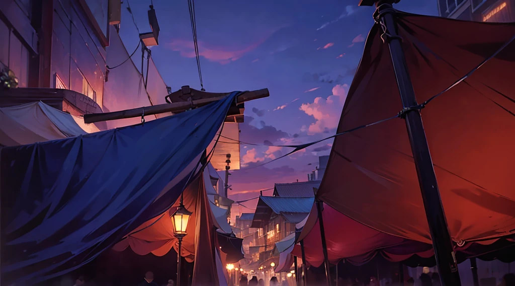 (under tarp canopy, wooden pole, under the market tents, under the canopies), wire, buildings roofs farr away, low angle, dawn sky, daybreak,
