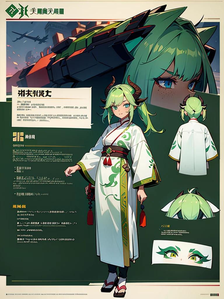 Reference sheet of a young girl in Eastern style outfit, green hair and blue eyes, dark skin, freckles, Chinese dragon horns with big battle mecha in frutiger aero style
