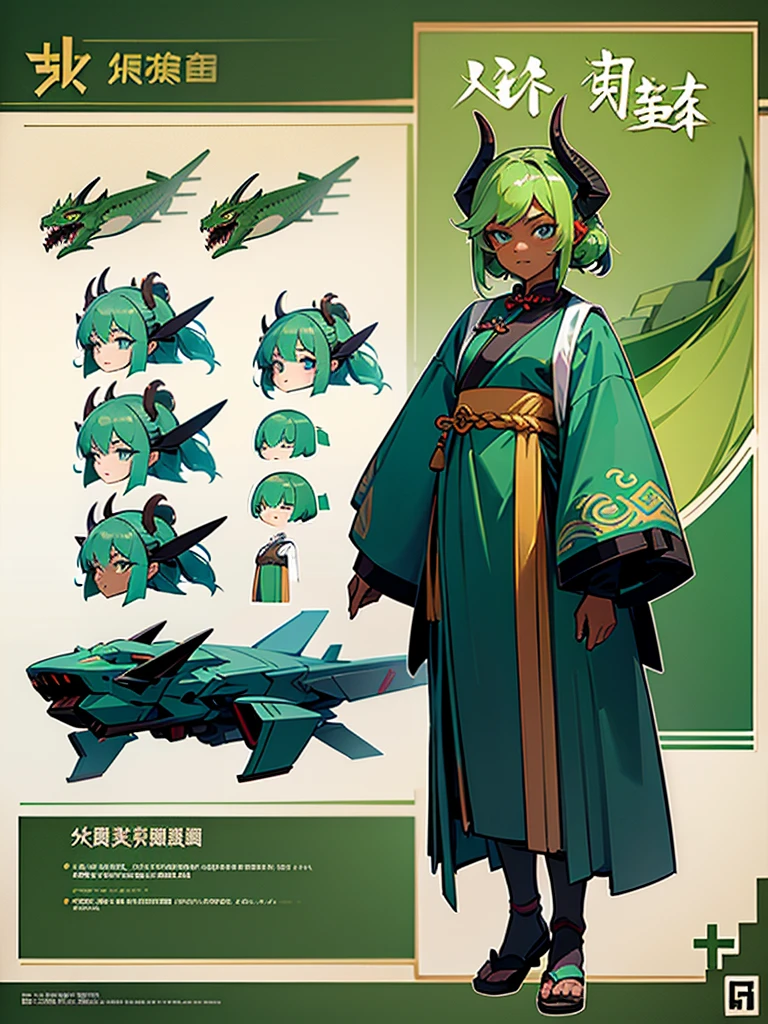 Reference sheet of a young girl in Eastern style outfit, green hair and blue eyes, dark skin, freckles, Chinese dragon horns with big battle mecha in frutiger aero style