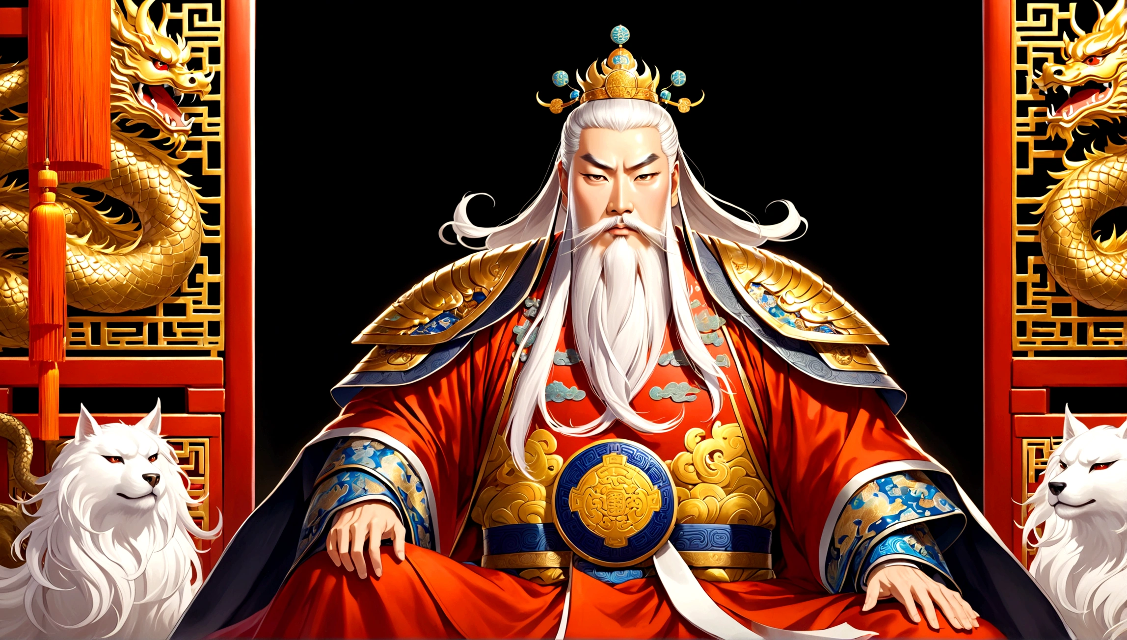 1an old Chinese emperor named John,Tall, Square face.Silver long hair,Wearing a golden crown, Thick eyebrows,Long white beard.,Pale complexion, Wearing a gorgeous golden robe,Embroidered with dragon pattern.;1A Chinese general named Ken in his prime,Burly figure,Long face, Blonde short hair,Thick eyebrows,Short whiskers,Healthy bronze,Wearing a red armor,Symbol with sun,There is a golden sword on the waist; John is sitting majestically on a glittering throne。Ken stands in front of the throne,Looks like he's protecting the man sitting on the throne,There was an air of respect and loyalty between the two.。