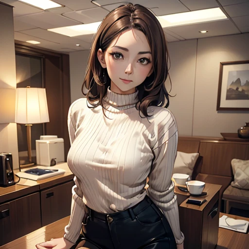 ((Realistic lighting, best qualtiy, 8k, tmasterpiece:1.3)), 1girl, Beautiful Women with Perfect Figure:1.4, Slim abs:1.1, ((dark brown hair)),(exteriors,during night:1.1), Ultra-fine face,Fine eyes,double eyelid, 40 years old, Japanese lady, wearing tight Knitted sweater and tight pants, show whole body from top to legs, , ((realistic)), in a hotel room, ((grab own breasts)), ((knitted sweater lift))