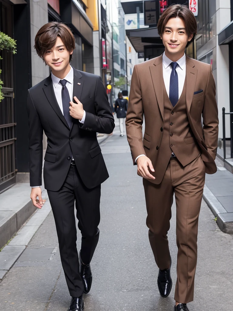 cool　Japanese　male　Brown Hair　Shortcuts　Double　suit　smile　whole body　The hands and feet are clearly visible　Business Building　Black shoes