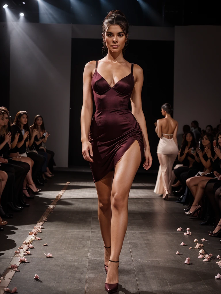 generated a full body of a 21 years old young white woman with dark brown ponytail hairstyle, medium size chest, she wear a really high end dark pink fashion dress with high heels, she is 5 foot 5 height, walking on a luxurious stage set with soft, dim lighting and a sleek runway adorned with rose petals. In the center, a spotlight illuminates a confident female model showcasing exquisite lingerie. She exudes grace and allure, with her posture poised and her expression radiating confidence. Surrounding her are judges, their faces displaying a mix of admiration and scrutiny, evaluating her presentation. The atmosphere is charged with excitement and anticipation, capturing the essence of elegance and empowerment in the world of fashion,shes looking away from the camera