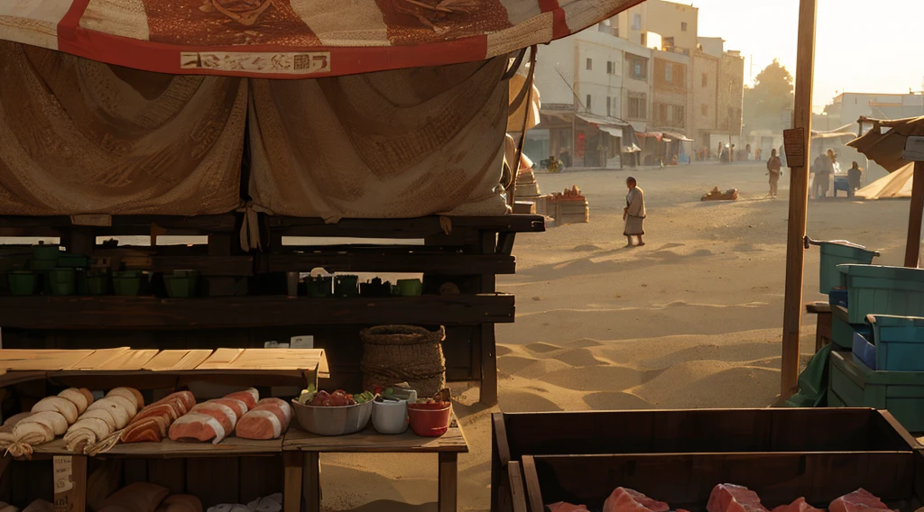 traditional market, market stall, (market tens), (they sell human flesh, chopped hand and feet, human meats), wooden box, wooden table, (sand ground, sand hill behind the stall), dawn time, dark morning, 