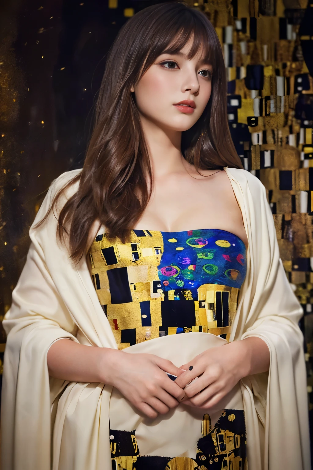 ((masterpiece:1.4, Highest quality)), (Realistic photos:1.4), (artwork),
((1 Girl)), (Otherworldly beauty), (dream-like),
(超High resolution:1.2), Very delicate and beautiful, wonderful, Very detailedな CG Unity 8k 壁紙, Very detailed, High resolution,
Soft Light, Beautiful detailed girl, Very detailedな目と顔, Beautiful and exquisite nose, Beautiful and exquisite,
(Dressed in early 20th century Viennese costume:1.3),
Cinema Lighting, Perfect Anatomy, Slender body, (Parted bangs),
(Portrait of a Girl by Gustav Klimt:1.5), (Abstract Background), (Designed picture background),
Cowboy Shot