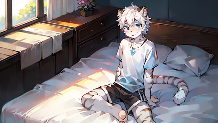 teenager, Short white hair, ear, Lower Body, bedroom,sit on the floor,hairy, White hair everywhere, White hair everywhere, White Tiger, Tiger Tail, masterpiece, High quality portrait, Humanoid, youth style, posture, panoramic, White Tiger型, White short sleeve, Black shorts, super Handsome face, Handsome, Tiger Youth, blue eyes, White Tiger, white ear, barefoot