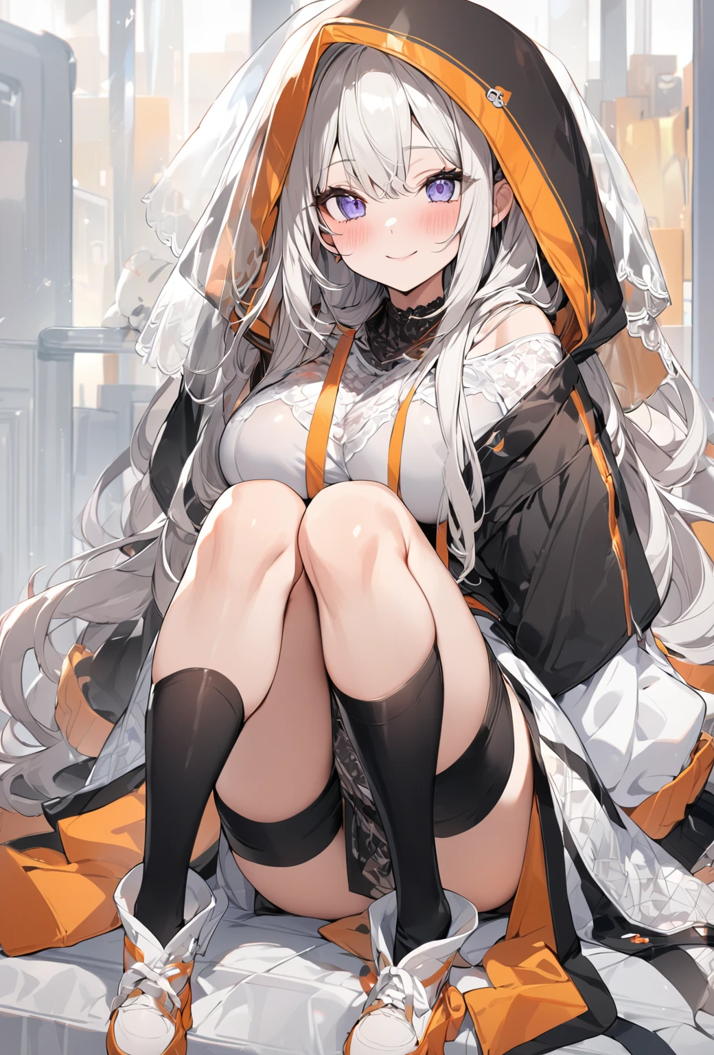 ((Highest quality)), ((masterpiece)), ((Very detailed)), (Very mature),A cute high school girl with a gentle look, white hair and about 165cm tall.,A female high school student with big breasts and a cute smile wearing a transparent black waifus with a cute patterned hood that shows off her shoulders, A gentle woman with a slightly long vertical face,Small Faced Woman,alone, Cute attitude,(background(bright),Long Hair - Straight,Knee-high socks、A transparent white veil with a cute pattern and a hood with white off-the-shoulders,White wall、Sitting、Facing the viewer、縁に模様がある壁が1面のbackground