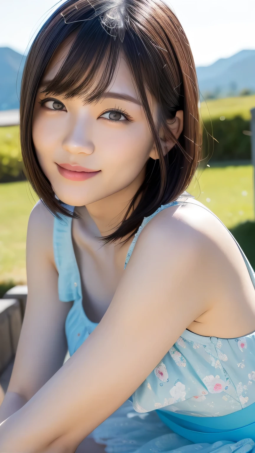 (Highest quality:1.5)、(Realistic:1.5)、(1 person:1.5)、(Upper Body:1.5)、Very detailed、High resolution、8k wallpaper、、Small breasts、Natural color lips、Cute Smile、Japanese women、20-year-old girl、Beautiful and elegant face、Perfect and beautiful face、Big eyes、Brunette's eyes、Beautiful and elegant face、Natural double eyelids、Natural Bangs、Beautiful thin nose、Beautiful Skin、Chestnut Hair、Medium Bob Hair、short hair、Natural Bangs、Perfect and beautiful face、Slim face and figure、(Staring at the camera with a cute expression)、Bright lighting、Professional Lighting、Forward lighting、Cute Smile、Summer blue sky、Mountain Grass Park、Look at the viewers、Low angle composition、(Staring at the camera with a cute expression)、Bright lighting、Professional Lighting、Forward lighting、Cute Smile、Beautiful clavicle、Beautiful legs:1.2、Smooth Skin、White floral dress、Sit on the grass、wariza, Place your hands between your legs、please sit down、Leaning forward、Shots from low angles、Sitting Girl、seiza、