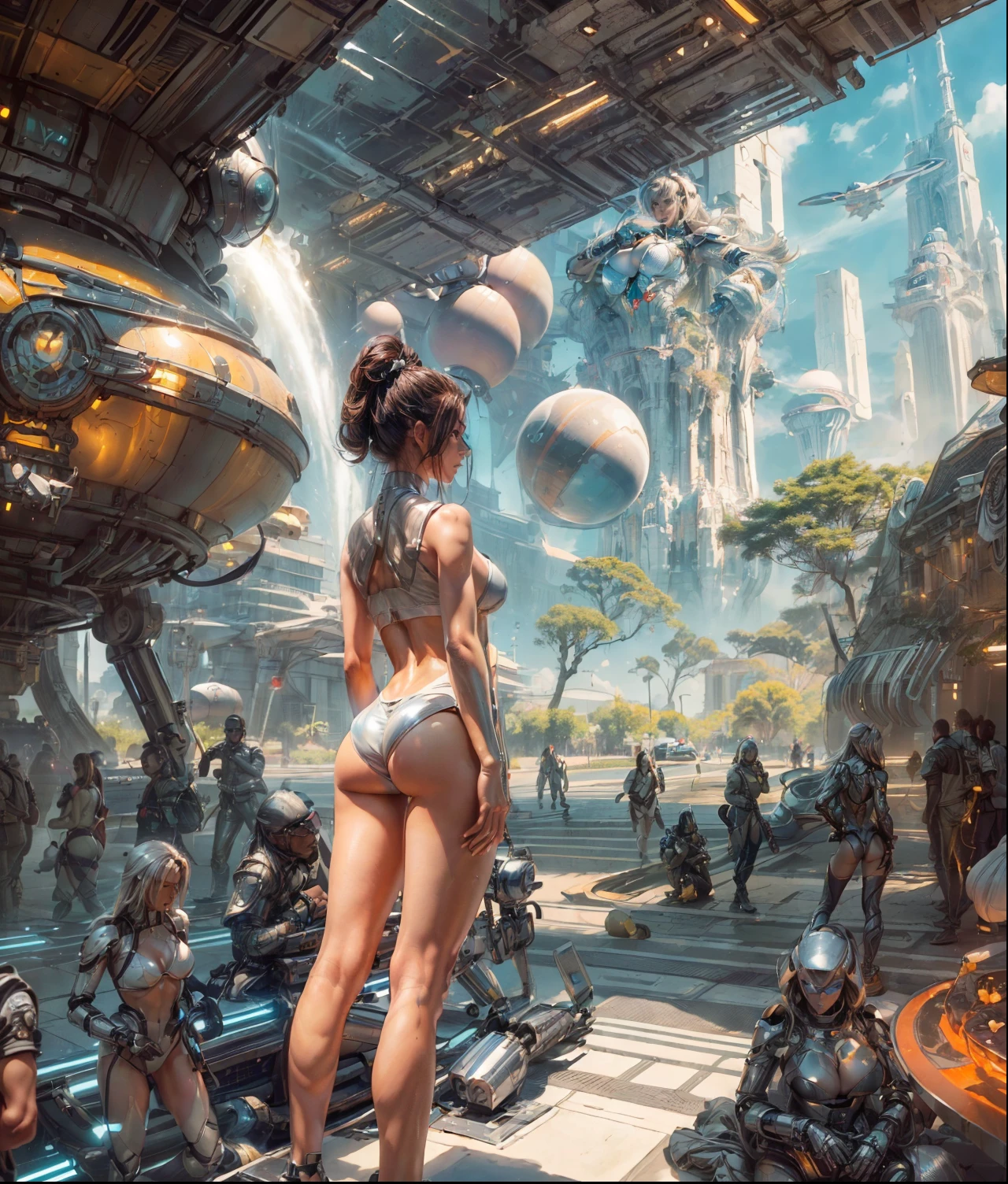 (((Camera angle of her , crowd of space aliens))), ((wearing ultra thin translucent bikini with gorgeous muscular long legs)), ((deep brown beige white silver black Samurai aesthetics)), prismatic, reflective, ((ultra perfect flowing hairstyle)), (((huge natural brean lines))), ((perfect radiant skin color)), ((super colourful)), ((sunny day beautiful skies)), (detailed spaceship background and incredibly sci-fi retro art masterpiece), (((1:1 scale proportions))), ((science fiction)), ((chrome spaceships)), (((ultra photorealistic realism))), ((Smooth curves, clean lines, streamlined, functional aesthetics, reflective surfaces, integrated lighting, futuristic city, engraved ancient motifs)), ((acrylic plastic robot, bokeh lighting, rim lighting, shadows))