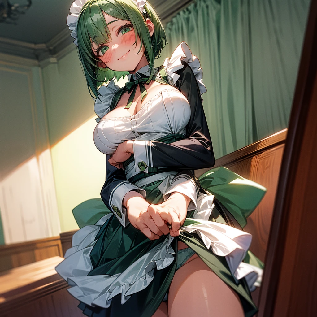 1 girl, green hair, short hair, maid uniform, neckline, blush, smile, living room, lifts her skirt with her hands, panties visible