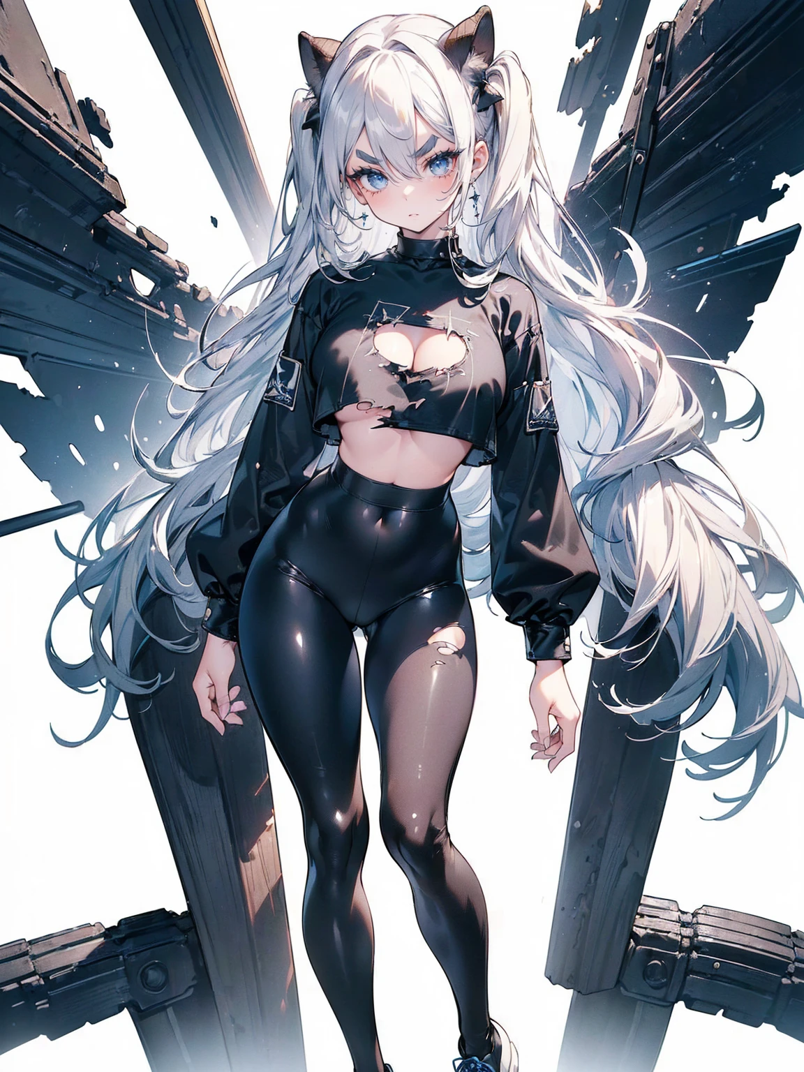 (White Hair Girl), (Thick, dark blue eyebrows:1.4), (Dark blue eyebrows:1.7), (Thick eyebrows:1.3), (Huge black fluffy animal ears:1.1), (Black animal ears:1.1), BREAK, (((Mesh Stitching Crop T-Shirt, Cutout Long Sleeve Top))),BREAK, (Big Breasts:1.2, Thick legs, Adult female body, Sturdy body:1.2), ((full body:1.7, Contrapposto:1.5)), (sharp eyes, Ultra-high definition CG, Precisely designed costumes, 4K, 8K, Ultra-high definition CG, Precisely designed costumes, Clear lines, Expressive and Captivating Eyes, Fine Details and Realistic Textures, cinematic lighting), ((white background)), BREAK, (Wearing black leggings with holes), Skinny sleeves, (Torn and holey leggings:1.2)(Black leggings:1.4), (過剰なRuggedThick soleブーツを履いています:1.2), (Thick sole:1.5), (Big shoes:1.3), ((Beam SE, embarrassed))