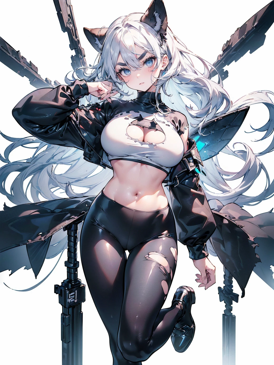 (White Hair Girl), (Thick, dark blue eyebrows:1.4), (Dark blue eyebrows:1.7), (Thick eyebrows:1.3), (Huge black fluffy animal ears:1.1), (Black animal ears:1.1), BREAK, (((Mesh Stitching Crop T-Shirt, Cutout Long Sleeve Top))),BREAK, (Big Breasts:1.2, Thick legs, Adult female body, Sturdy body:1.2), ((full body:1.7, Contrapposto:1.5)), (sharp eyes, Ultra-high definition CG, Precisely designed costumes, 4K, 8K, Ultra-high definition CG, Precisely designed costumes, Clear lines, Expressive and Captivating Eyes, Fine Details and Realistic Textures, cinematic lighting), ((white background)), BREAK, (Wearing black leggings with holes), Skinny sleeves, (Torn and holey leggings:1.2)(Black leggings:1.4), (過剰なRuggedThick soleブーツを履いています:1.2), (Thick sole:1.5), (Big shoes:1.3), ((Beam SE, embarrassed))　