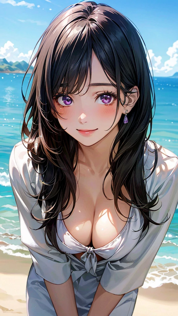 (masterpiece:1.3, Highest quality, Ultra-high resolution, Super detailed), (Realistic, photoRealistic:1.4), Beautiful illustrations, Perfect lighting, Natural light, colorful, Depth of written boundary, Surrealism,
Beautiful detailed hair, Beautifully detailed face, Beautiful attention to detail, Beautiful clavicle, Beautiful body, Beautiful breasts, Beautiful thighs, Beautiful feet, Beautiful fingers, Shiny skin,
View your viewers, 1 Girl, Japanese, , (Perfect Anatomy, Anatomically correct, Highly detailed skin), Cute and symmetrical face, Baby Face, Perfect Face, Perfect Eyes, thin,
(Long Hair:1.8, Straight hair, Black Hair), bangs, Purple eyes, Droopy eyes, Long eyelashes, Large Breasts、
White skirt style bikini:1.4,
(Beautiful views), noon, Seaside, (Cute smile, Part your lips),