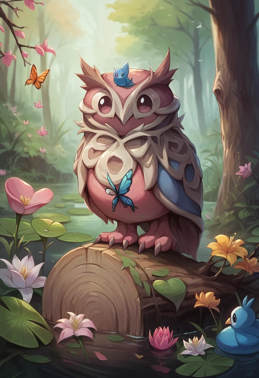 autumn, bird, branch, bug, butterfly, flower, forest, leaf, lily (flower), lily pad, nature, no humans, outdoors, pink flower, plant, pokemon (creature), tree, water