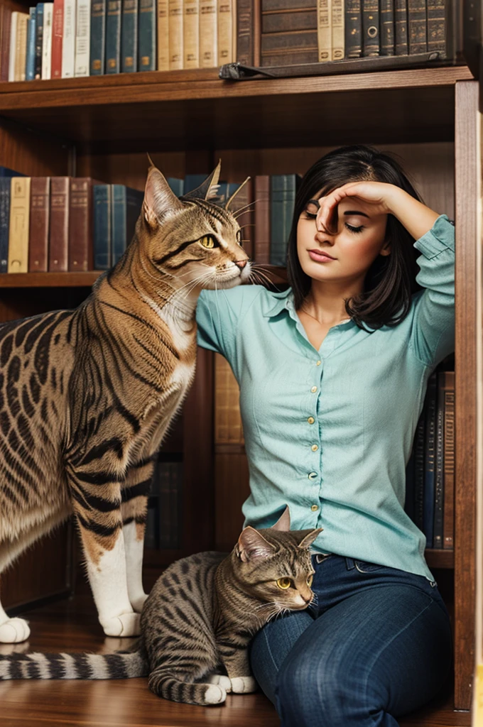 Cat solving riddle in library 