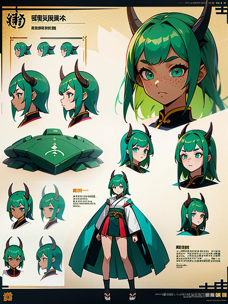 Reference sheet of a young girl in Eastern style outfit with short skirt, green hair and blue eyes, dark skin, freckles, Chinese dragon horns with big battle mecha in frutiger aero style