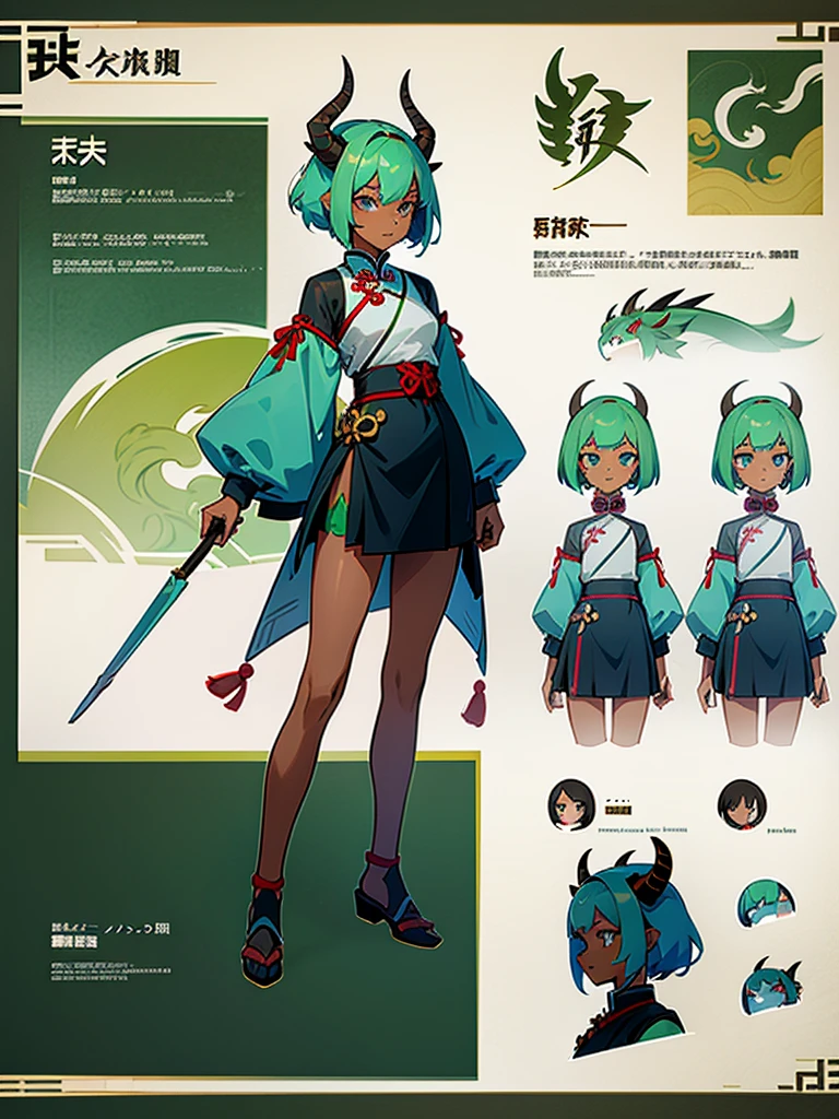 Reference sheet of a young girl in Eastern style outfit with short skirt, green hair and blue eyes, dark skin, freckles, Chinese dragon horns with big battle mecha in frutiger aero style