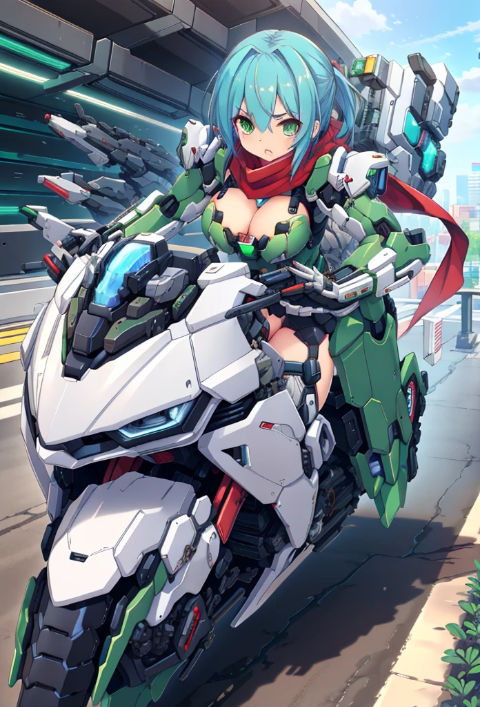 (masterpiece:1.2), best quality, high resolution, extremely detailed CG, absurdres, highres,1girl, solo, black and green powersuit, white armor, on a cyber motorcycle, thighs, cleavage, blue_hair, red_scarf, mecha_armored, mecha_belt
