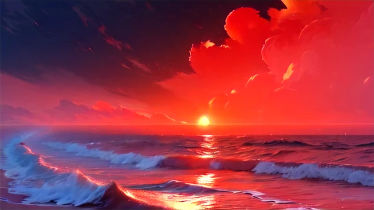 niji_vn_bg, no humans,
Minimalism, fog, blurred out of focus, An realistic photo, full red molten sun over ocean in high winter waves, stunning night, peaceful