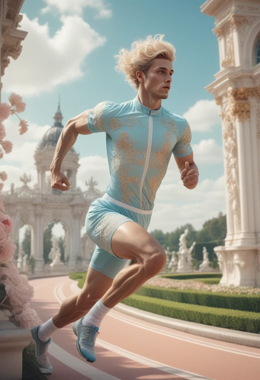 by Daniel Merriam, best qualityer, work of art, ultra-high details, 8K. A Rococo-style racetrack athlete, is in a dynamic pose, sprinting. He wears modern athletic clothing in pastel colors, adorned with lace, subtle ties, golden embroidery and curved lines that evoke Rococo art. The race track is surrounded by lush gardens, floral flowers colorful, marble statues and ornate fountains. Ao fundo, there is an elaborate architecture with palaces in light tones and golden details, under a blue sky with soft white clouds. In the distance, other blurred athletes run, your steps erased by speed, grappling, but unable to follow the central protagonist. Their silhouettes blend into the scenery like fleeting shadows, witnesses of the tireless search for victory.