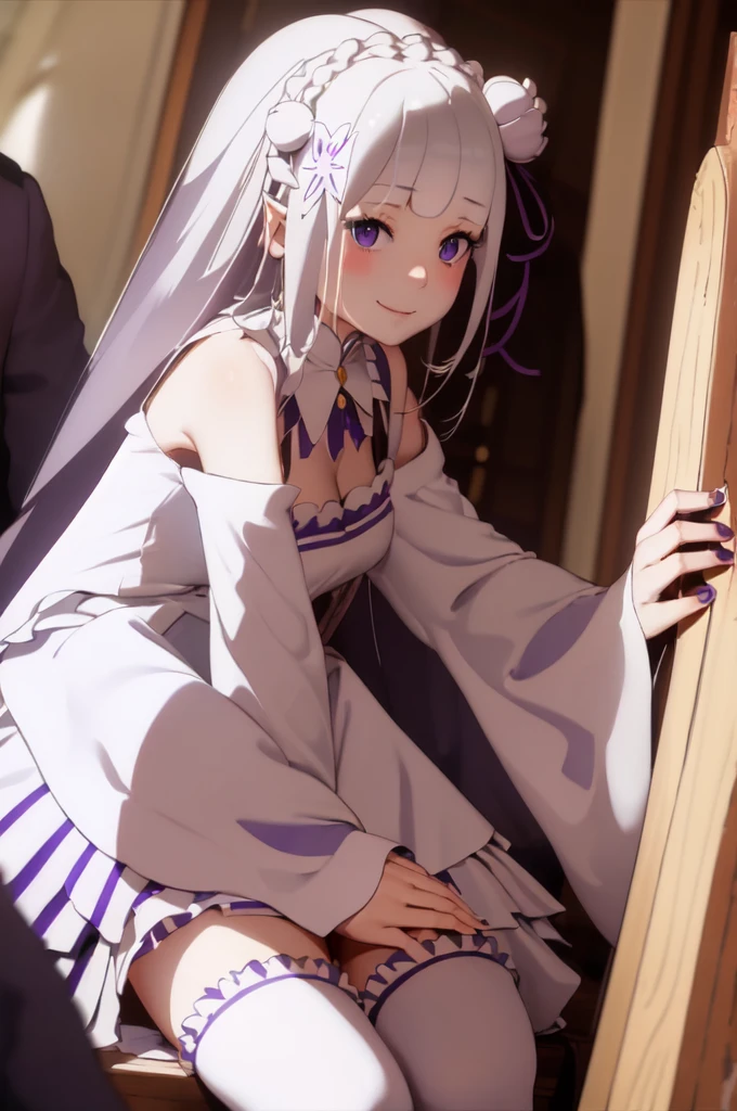 masterpiece, 1girl, Emilia, blunt bangs, long hair, crown braid,
white dress, detached collar, wide sleeves, x hair ornament, hair flower, hair ribbon, white thigh boots, cleavage, purple frills, pleated_white_skirt
sitting on bench, garden, arms at sides,
looking at viewer, (smile:1.2), blush, from above,