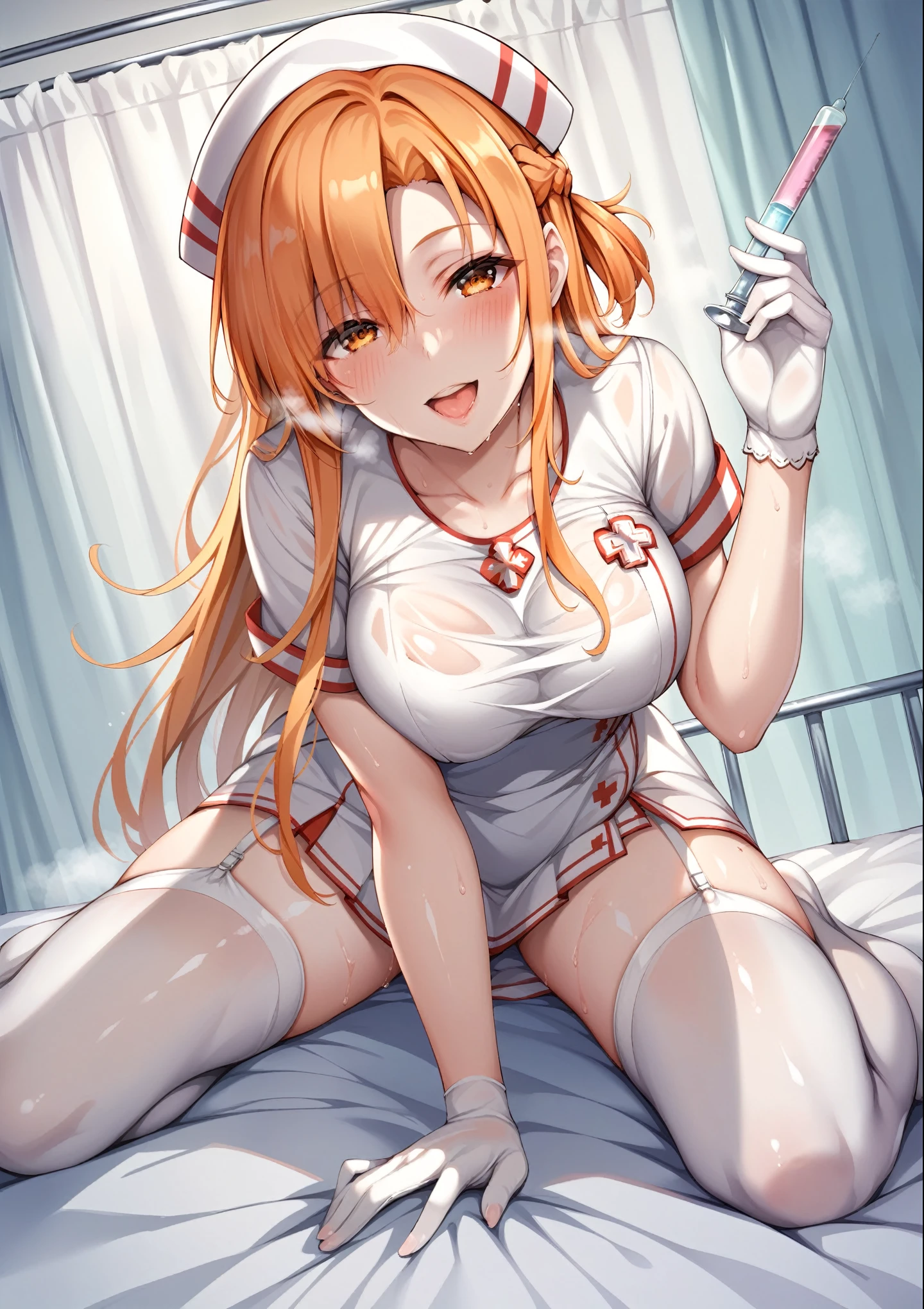 score_9, score_8_up, score_7_up, score_6_up, uncensored, asuna yuuki, orange hair, fold, braid, long hair, orange eyes, naughty face, shiny skin, sweating, steaming body, heavy breathing, BREAK (masterpiece:1.2), best quality, high resolution, unity 8k wallpaper, (illustration:0.8), (detailed eyes:1.3), perfect lighting, extremely detailed CG, (perfect hands, perfect anatomy), nurse, gloves, nurse_cap, 1girl, syringe, white_gloves, thighhighs, large_breasts, dress, indoors, white_legwear, open_mouth, blush, short_sleeves, bed, solo, holding, looking_at_viewer,
