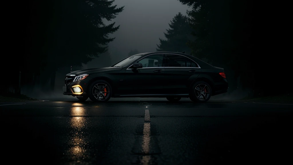 Mysterious Shadow on the Road:
A vague, eerie shadow suddenly appearing in front of a black mercedes car's headlights on a foggy road.