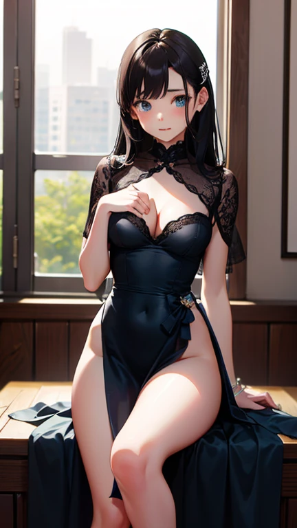 masterpiece, Highest quality,健全なphotograph、 One Girl, View your audience, Narrow waist, RAWphotograph,Ultra-realistic, High resolution, photograph, Sharp focus, Most detailed, Very detailed, Very detailedな, In detail, Very detailed目と顔、Accurate hands、Idol、beautiful girl,View your audience, Narrow waist,Symmetrical face, whole body、、Cleavage、Large Breasts、Long Hair、Shaking breasts、Please lift your chin、Touching hair with your hands、White high heels、While writhing in embarrassment