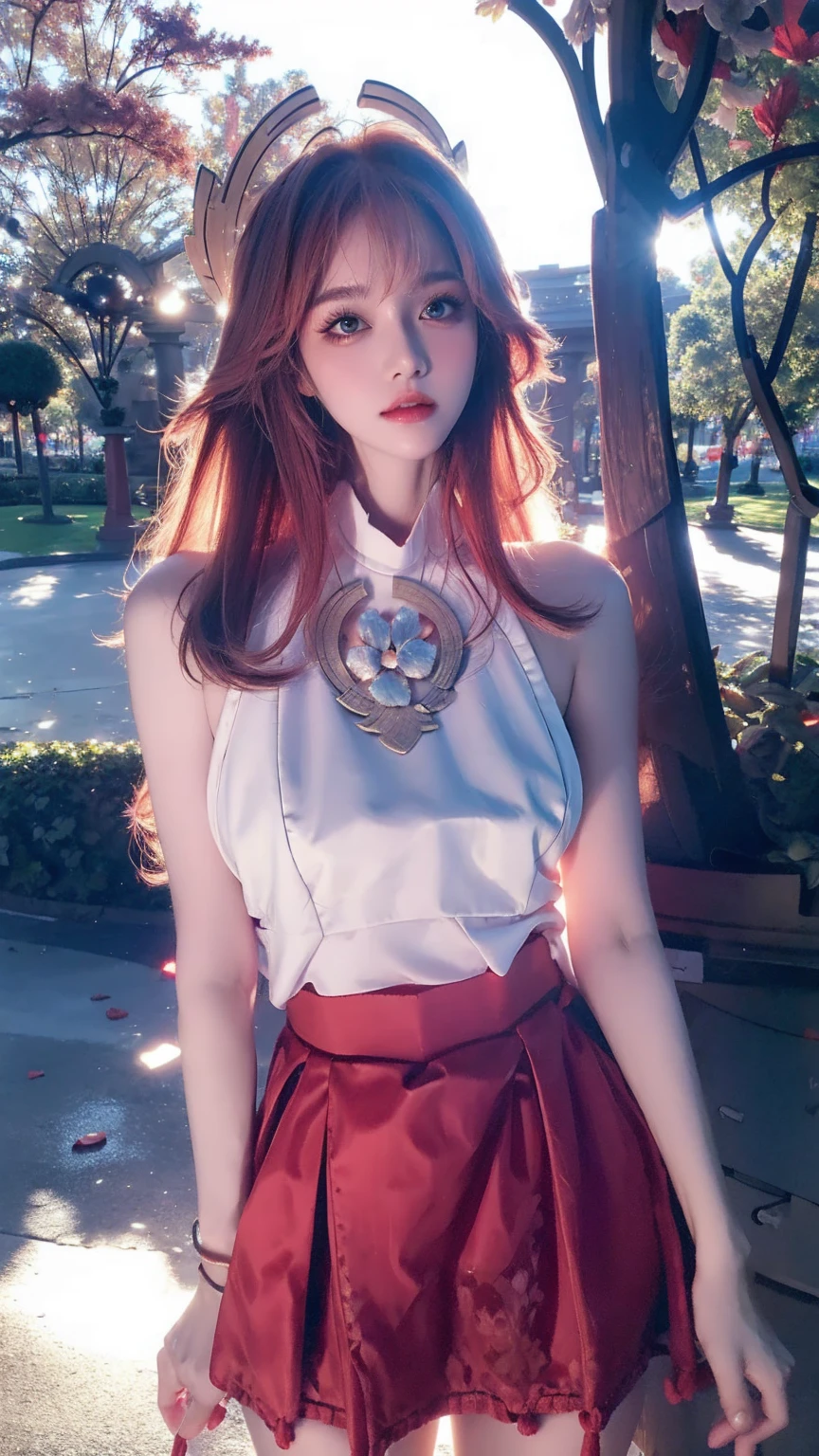 ((best quality)), ((masterpiece)), (detailed), perfect face, pretty face, beautiful female, beautiful body, e cup breast, perfect body, head accessories, sleeveless sweater, mini skirt, at the park